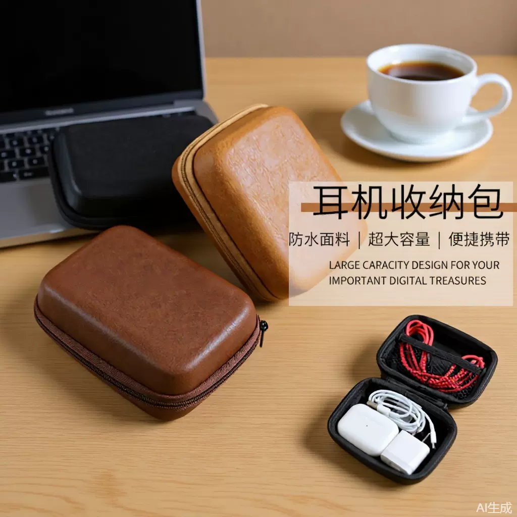 环真高档耳机收纳盒羊皮复古PU数据线充电头收纳包迷你便携电源袋