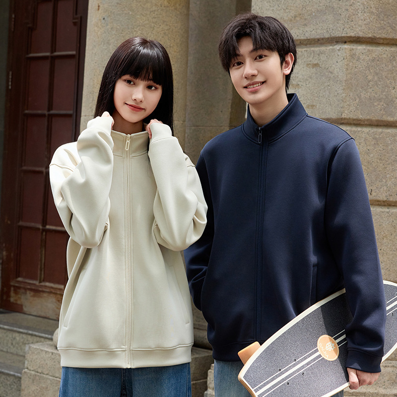 New Autumn 400g Liquid Cotton Stand-Up Collar Zipper Sweatshirt for Men, Loose Casual Cardigan Jacket, Simple Top