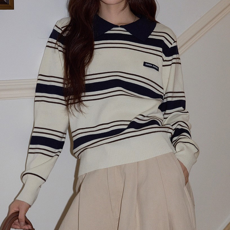 Korean Preppy Style Contrast Striped Lapel Knitted Sweater Women's Autumn Design Loose Bottoming Long-Sleeved Top