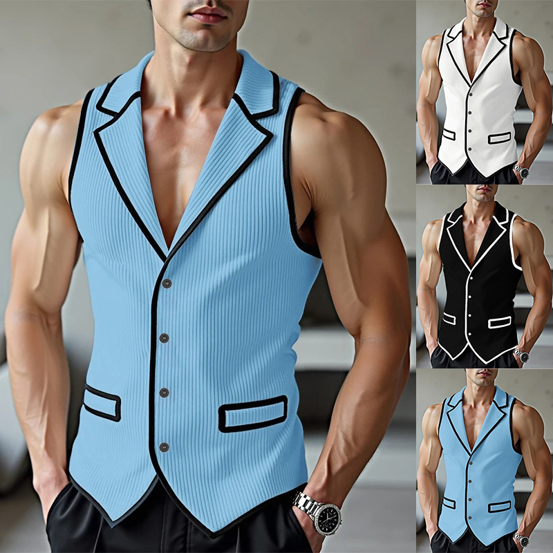 Cross-Border Amazon Spring and Autumn New European and American Men's Corduroy Contrast Color Lapel Vest Performance Vest for Men