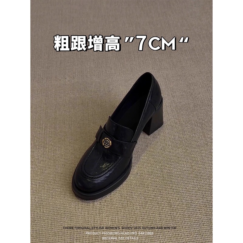 Soft Cowhide High-Heeled Camellia Loafers for Women 2026 New British Style Genuine Leather Slip-On Thick-Soled Chunky Heel Shoes Soft Cowhide High-Heeled Camellia Loafers for Women 2026 New British Style Genuine Leather Slip-On Thick-Soled Chunky Heel Shoes