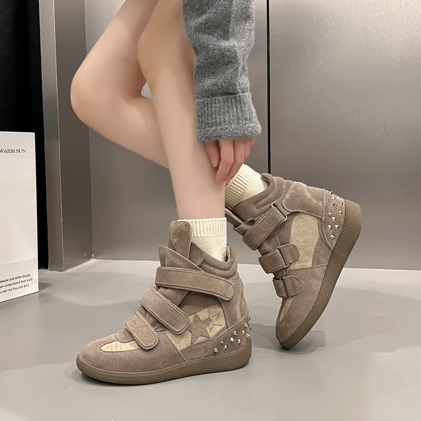 Moon Island Genuine Leather High-Top Shoes for Women, New Casual German-Style Thick-Soled Height-Increasing Sports Sneakers, Autumn Height-Increasing Women's Shoes