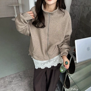 021 立领拉链卫衣外套女抽绳下摆宽松落肩休闲百搭长袖开衫女纯色