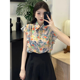 Popular Popular Shirts for Women, Summer Loose Belly-Covering Chiffon Shirts, Hong Kong Style Floral Small Flying Sleeve Tops