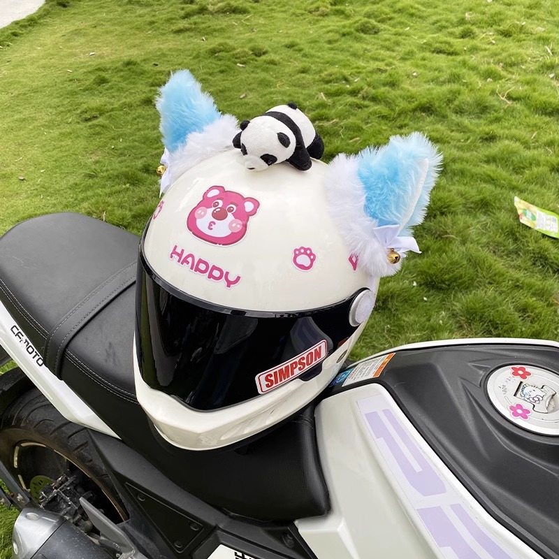 Plush blue thick fleece cat ear helmet decoration motorcycle electric car helmet