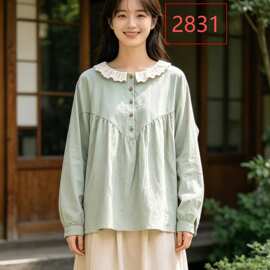 2831秋季女装新款宽松森女系少女风套头长袖棉花边领衬衫女衬衣