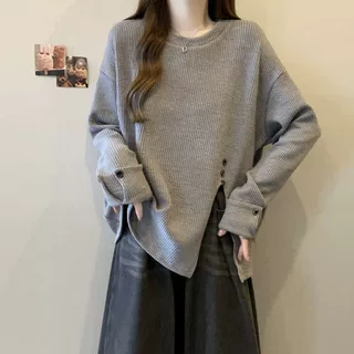 大码纹理感坑条开叉长袖上衣女2026秋季新款宽松显瘦时尚打底衫女