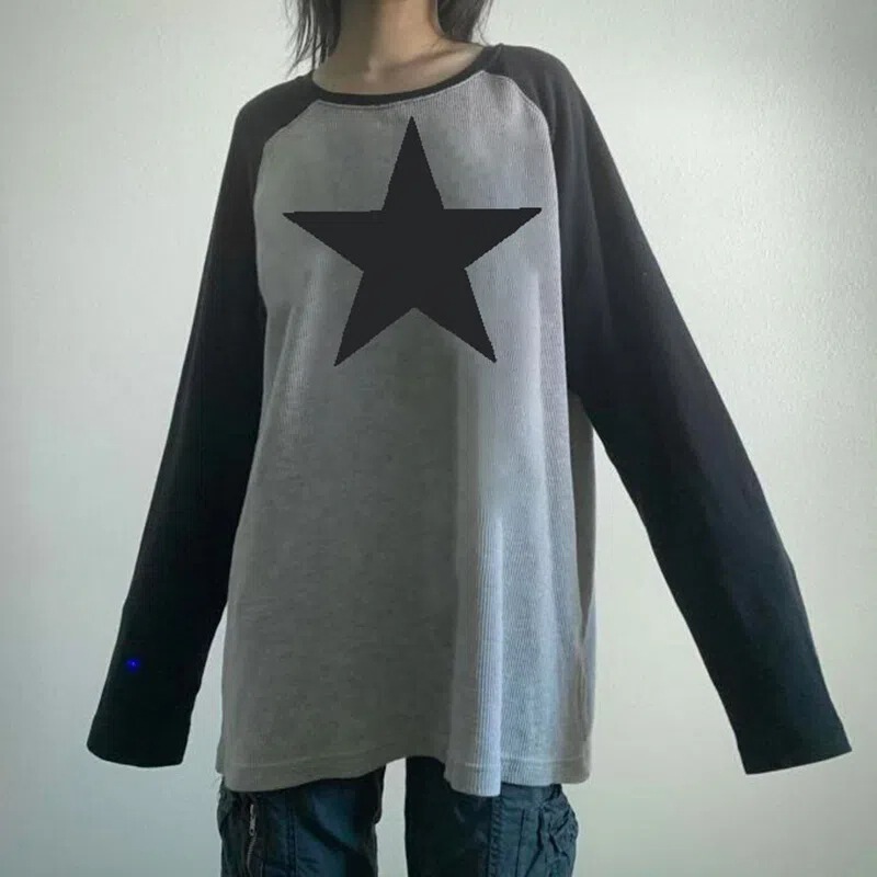 In-Stock European and American Style Color-Block Raglan Plus-Size Women's T-Shirt, Oversized Star Print Long-Sleeve Loose Top for Spring and Autumn In-Stock European and American Style Color-Block Raglan Plus-Size Women's T-Shirt, Oversized Star Print Long-Sleeve Loose Top for Spring and Autumn