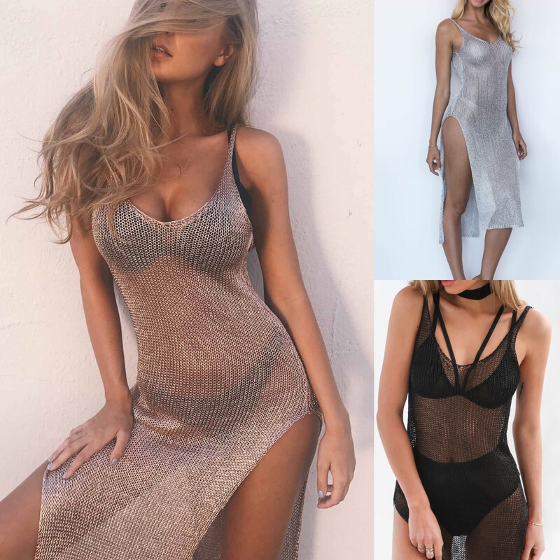 European and American Style Sexy Hottie Hollow-Out Mesh Suspender Dress for Women Summer Seaside Vacation Beach Dress Mid-Length