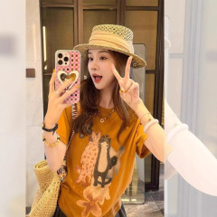 韩版猫咪印花宽松显瘦短袖T恤女2025夏季新款简约百搭休闲上衣潮