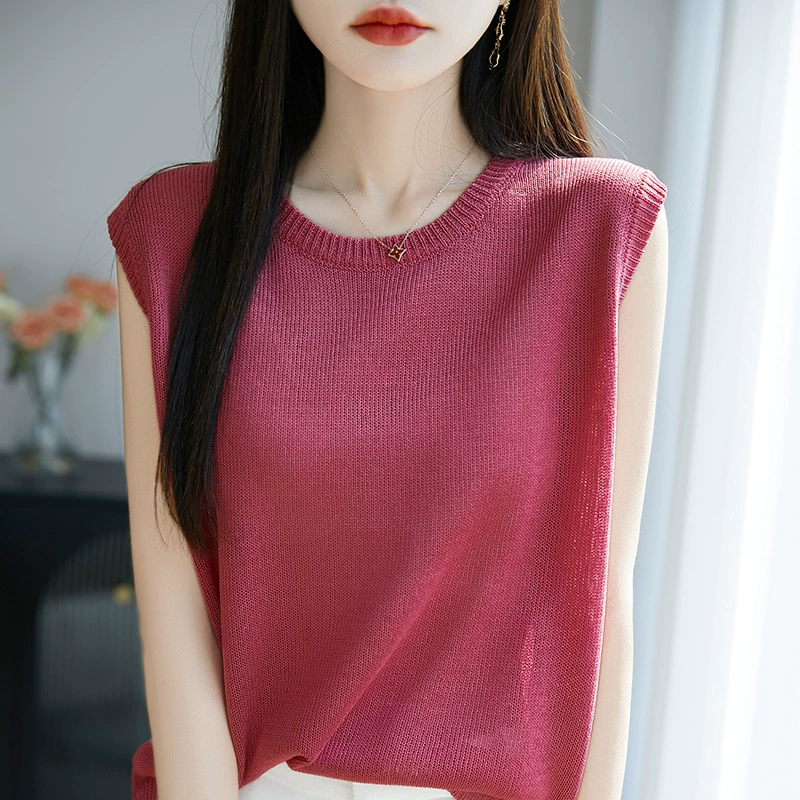 Новый летний топ-жилет из тенселя 2025 года, свободный, тонкий, без рукавов, круглой горловины, трикотажный
