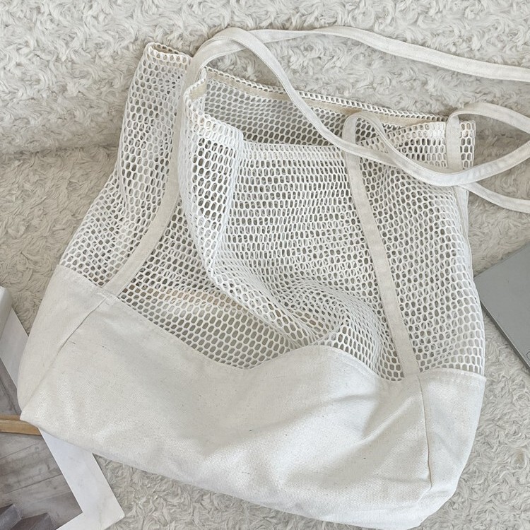 55211 Solid Color Hollow Large Capacity Tote Bag Mesh Travel Beach Bag Shoulder Bag Canvas Shopping Bag Women