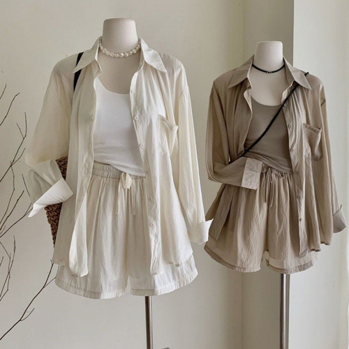 Korean casual sun-drying shirt set for women's spring and summer thin cardigan shirt + suspenders + high-waisted shorts three-piece set