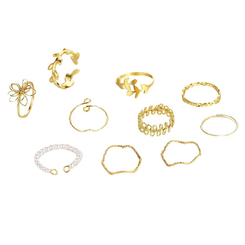 欧美跨境热销树叶戒指女设计感小众简约复古珍珠关节戒指套装10件