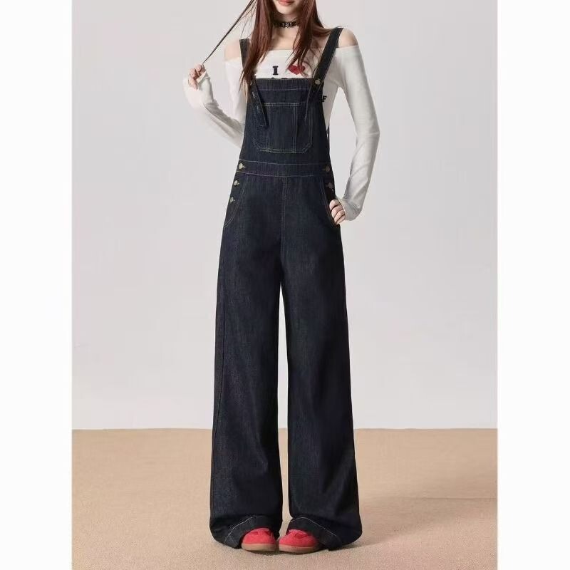 Vintage Denim Blue Overalls for Women, New Spring/Summer Style, Relaxed Loose Fit, Slimming Drape Effect, Wide-Leg Jumpsuit