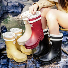 跨境时尚束口雨鞋女厚底耐磨防滑水鞋韩国中筒露营雨靴防水洗车鞋