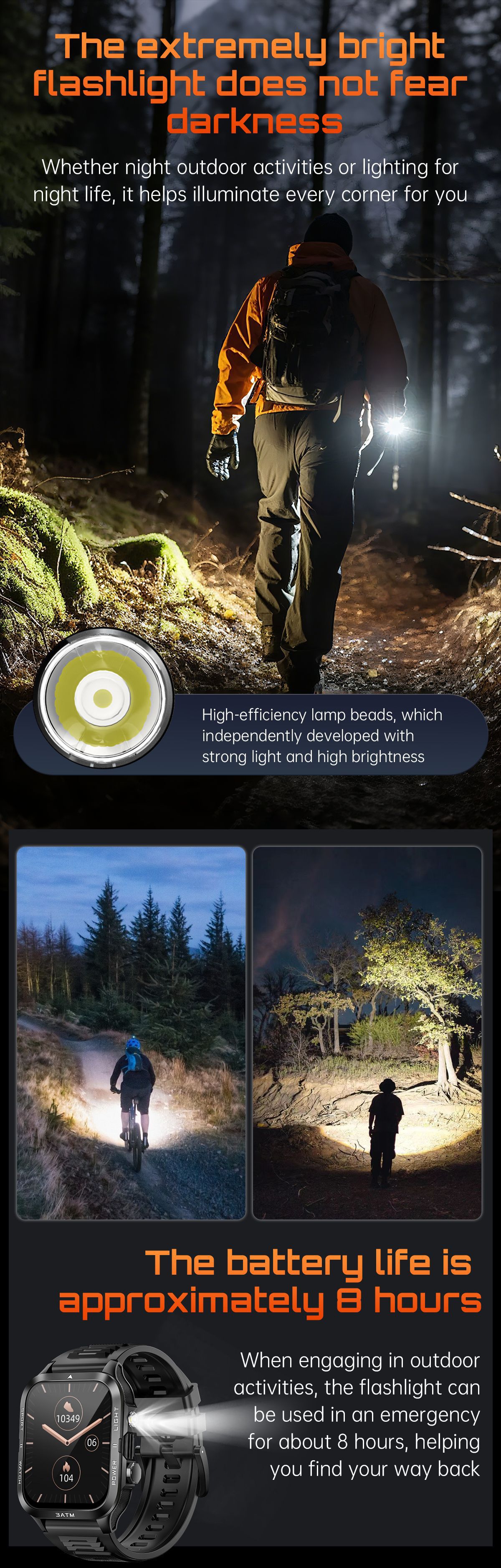 Montre connectée KT89, grand écran 1,96 pouce, appels Bluetooth, lampe torche LED, idéale pour les activités de plein air, style unisexe chic et sportif._voghion.com