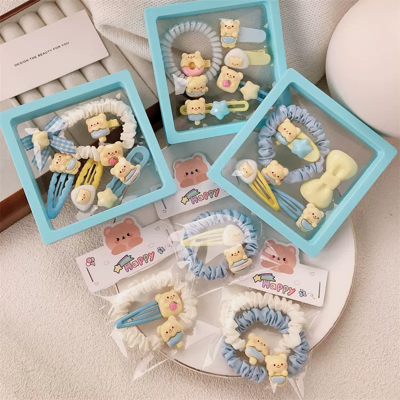 可爱黄油奶黄小熊发饰少女甜美碎发刘海夹高弹力发绳发圈摆摊批发