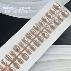 30片裝鎏金飄帶純手工穿戴甲 簡約可愛花卉短款假指甲貼片
