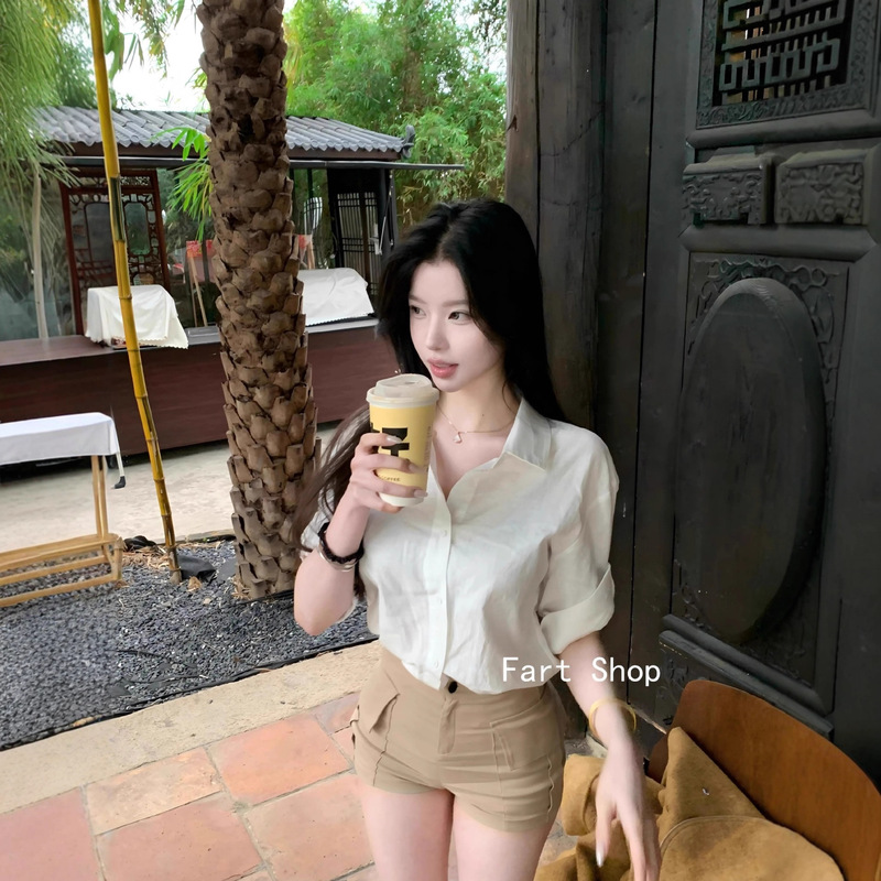 Linen Cotton Relaxed 100% Shirt Women's Spring and Summer New Polo Collar Casual Top