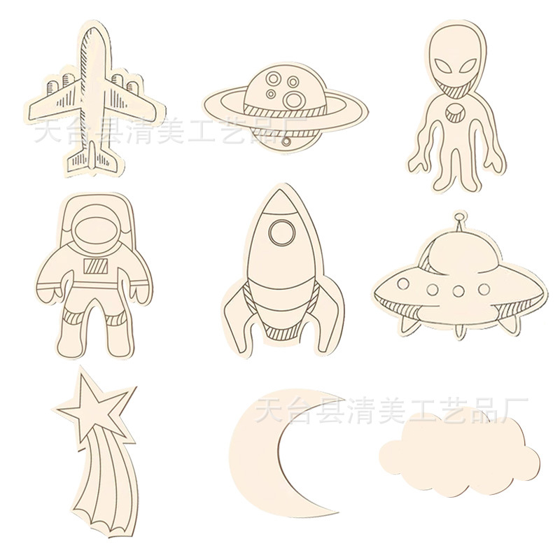 9 series del espacio exterior, piezas de madera, astronautas, formas alienígenas, imágenes para niños, adornos educativos, 27 piezas/set