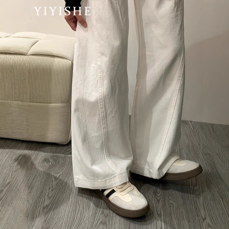 白色弯刀阔腿牛仔裤女2025夏季新款美式高腰显瘦休闲镰刀直筒裤子|undefined