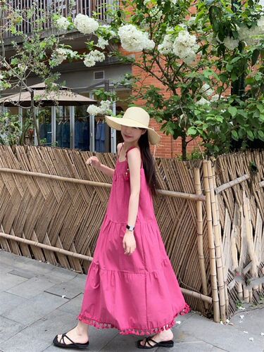 Magenta Vacation Style Flowy Spaghetti Strap Dress for Women 2025 Summer New Arrival Loose and Slimming Unique Long Dress