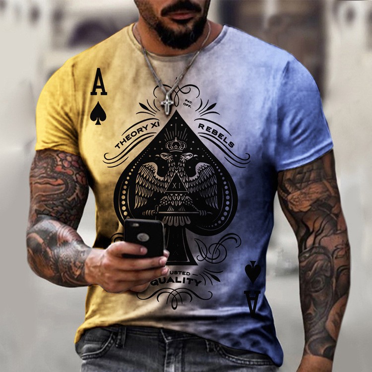 High Street Personality Poker Gambling God A Digital 3D Print Camiseta de manga corta suelta con ancho de hombro recto casual para hombres