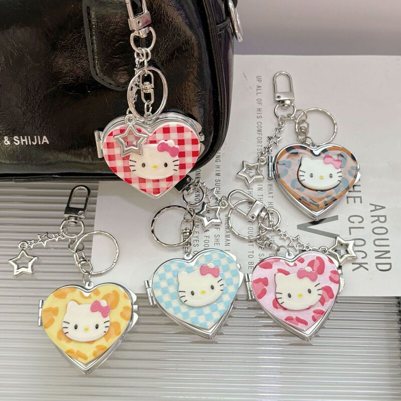 Korean Ins-Style Kt Cat Plaid Heart Mirror Keychain Bag Portable Mirror Pendant High-End Accessory