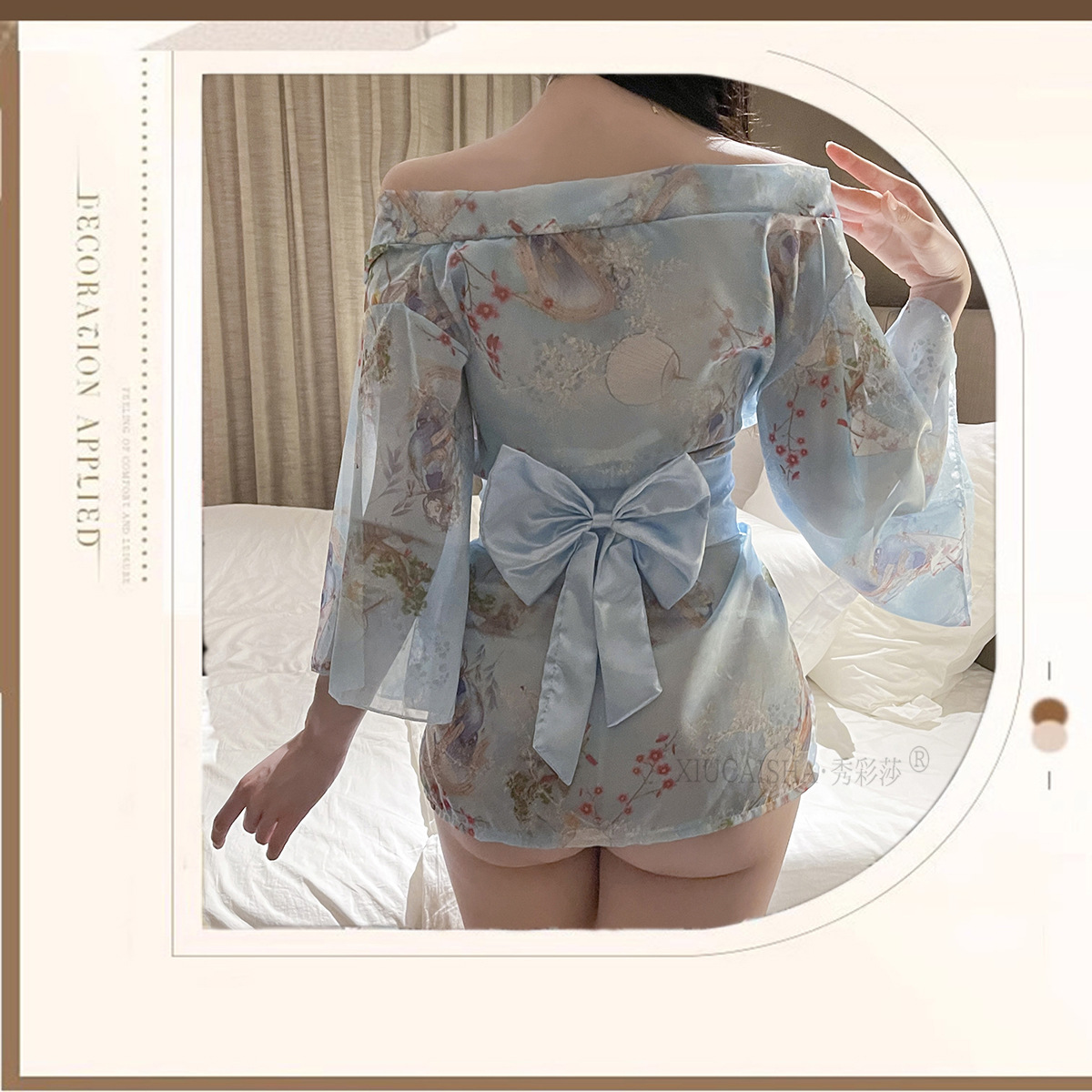 Japanese Print Kimono Three-Piece Lingerie Set with Robe, Belt and Thong — detail image 4