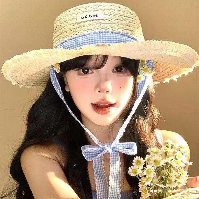 리본 장식 밀짚모자 - 베이지