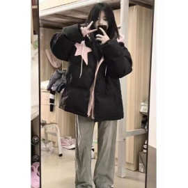 星星贴布甜美学院风假两件连帽羽绒棉服外套女日系宽松休闲面包服