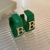 Retro green silver needle, small design earrings with letters, silver 925 sample, trend of season