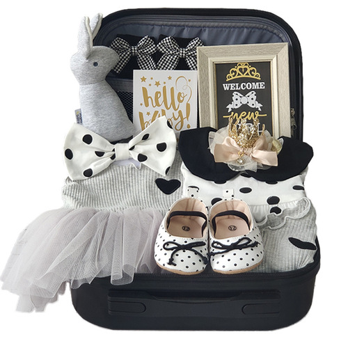 Baby High-end Gift Box Little Princess Black Gold Dress Polka Dot Set Cotton Full Moon 100th Day Baby Girl Gift