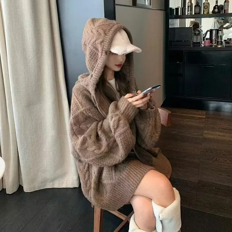 麻花毛衣女秋冬2025新款韩版复古宽松慵懒外穿针织衫连帽开衫外套|undefined