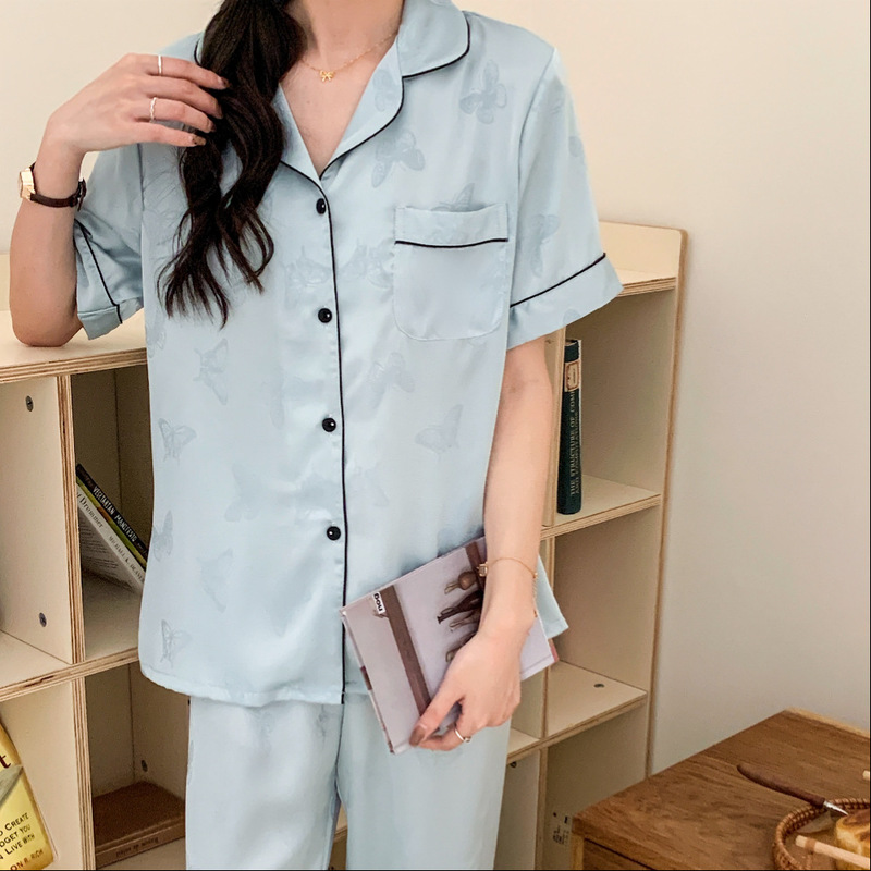 Women's Korean-style Butterfly Print Ice Silk Pajamas 2024 New Summer High-end Short-sleeved Trousers Home Clothes Set Women's Korean-style Butterfly Print Ice Silk Pajamas 2024 New Summer High-end Short-sleeved Trousers Home Clothes Set