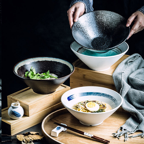 Creative ceramic bowl Japanese ramen bowl household noodle soup large bamboo hat bowl commercial trumpet bowl tableware set wholesale