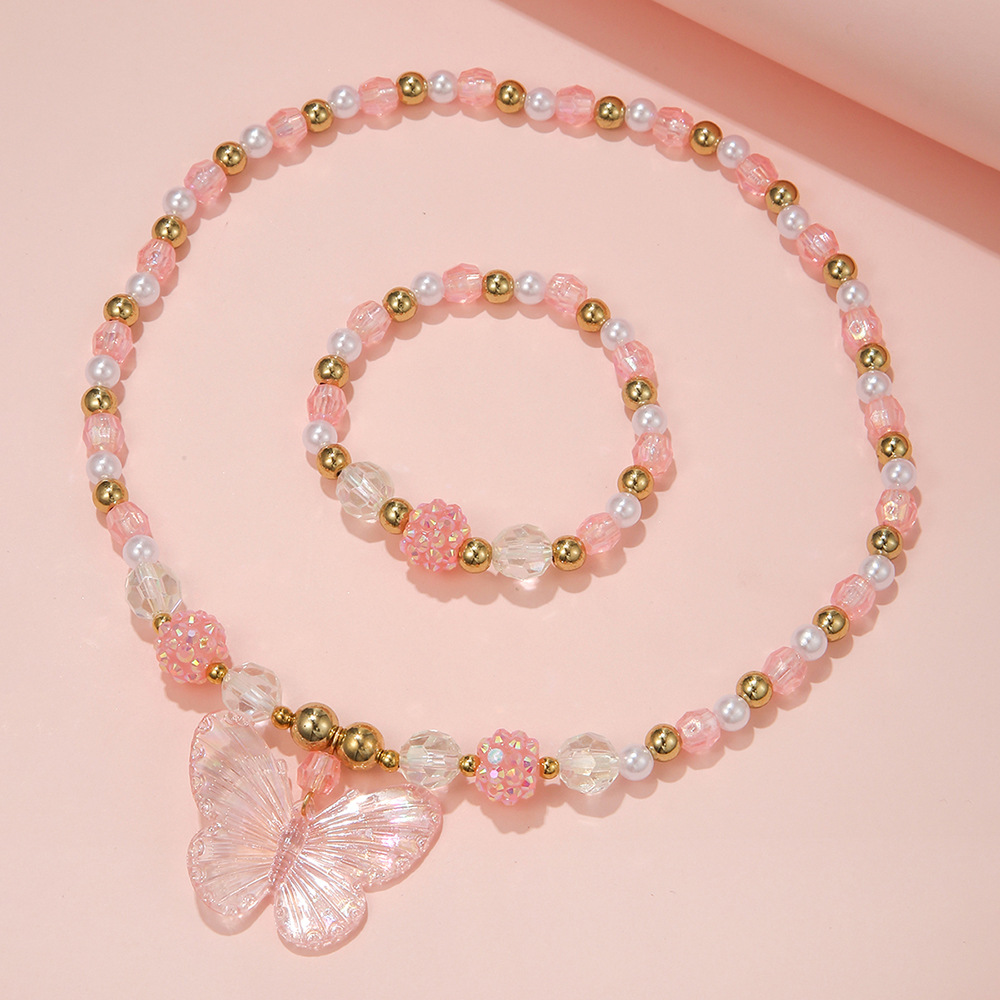 Sweet Butterfly Arylic Beaded Kidu0027S Bracelets Necklace 2 Piece Set