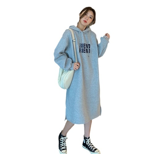 Harajuku style mid-length sweatshirt for women ins Korean style striped long-sleeved dress winter Korean style loose and slimming above the knee