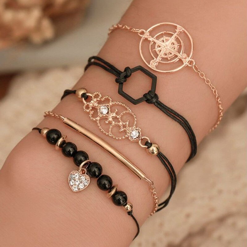 Amazon's New Ck Bracelet Set for Women, European and American Multi-Layered Retro Compass Hexagonal Love Chain Set, 5-Piece Set Amazon's New Ck Bracelet Set for Women, European and American Multi-Layered Retro Compass Hexagonal Love Chain Set, 5-Piece Set