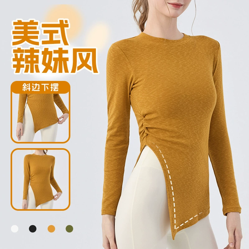 Блузка для йоги с длинными рукавами, закрывающая бедра, женская плиссированная боковая юбка, свободная повседневная осенняя одежда для фитнеса, пилатеса, йоги для женщин