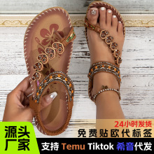 跨境专供波西米亚民族风女鞋夏季时尚沙滩平底凉鞋串珠钻石夹脚鞋