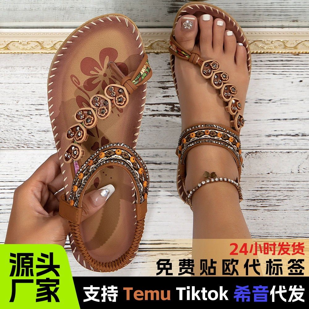 Трансграничная женская обувь в богемном этническом стиле, летние модные пляжные сандалии на плоской подошве, шлепанцы с бриллиантами и бисером