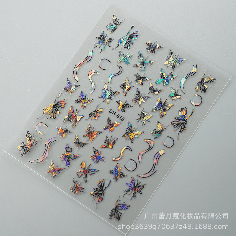 爆発的なネイルシールの上品な半透明な白い花びらの蝶のカラフルなオーロラガラスの破片には、ゴムの爪がついています|undefined