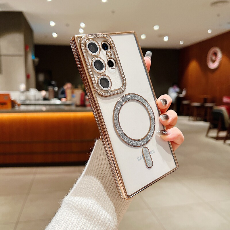 Samsung S24Uitra 透明磁気電話ケース電気メッキ TPU ラインストーン S25PLUS オールインクルーシブソフト保護カバーに適しています。|undefined
