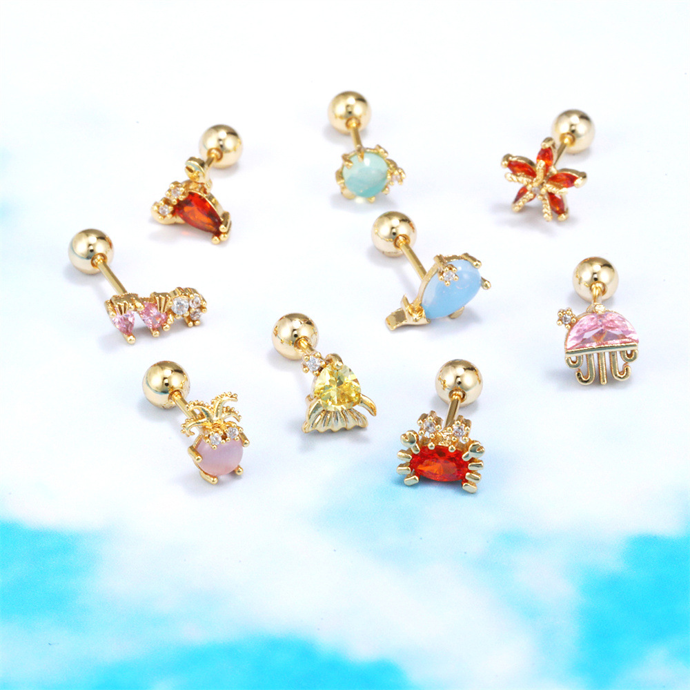 Ocean Series Ear Bone Nail Lock Ball Piercing Seahorse Starfish Earrings display picture 14