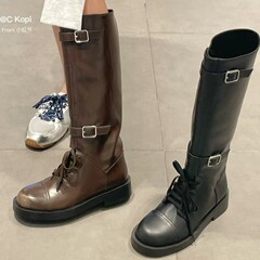牛皮版~2025厚底搭扣长筒靴女秋冬加绒真皮高筒骑士靴西部牛仔靴
