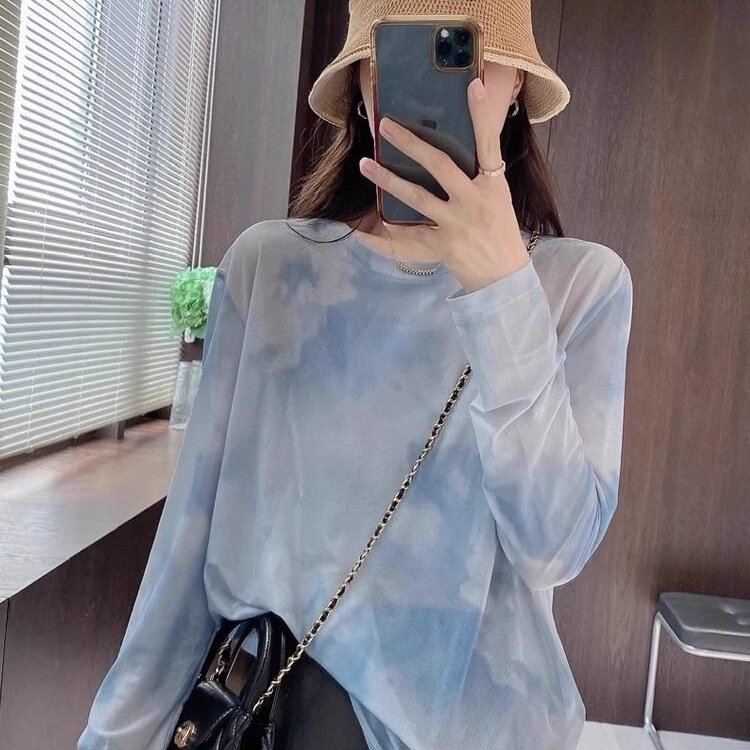 Blue Tie-Dye Ice Silk Mesh Sun Protection T-Shirt Cover-Up for Women, Thin Summer Versatile Slimming and Beautiful Air-Conditioning Shirt Top Blue Tie-Dye Ice Silk Mesh Sun Protection T-Shirt Cover-Up for Women, Thin Summer Versatile Slimming and Beautiful Air-Conditioning Shirt Top