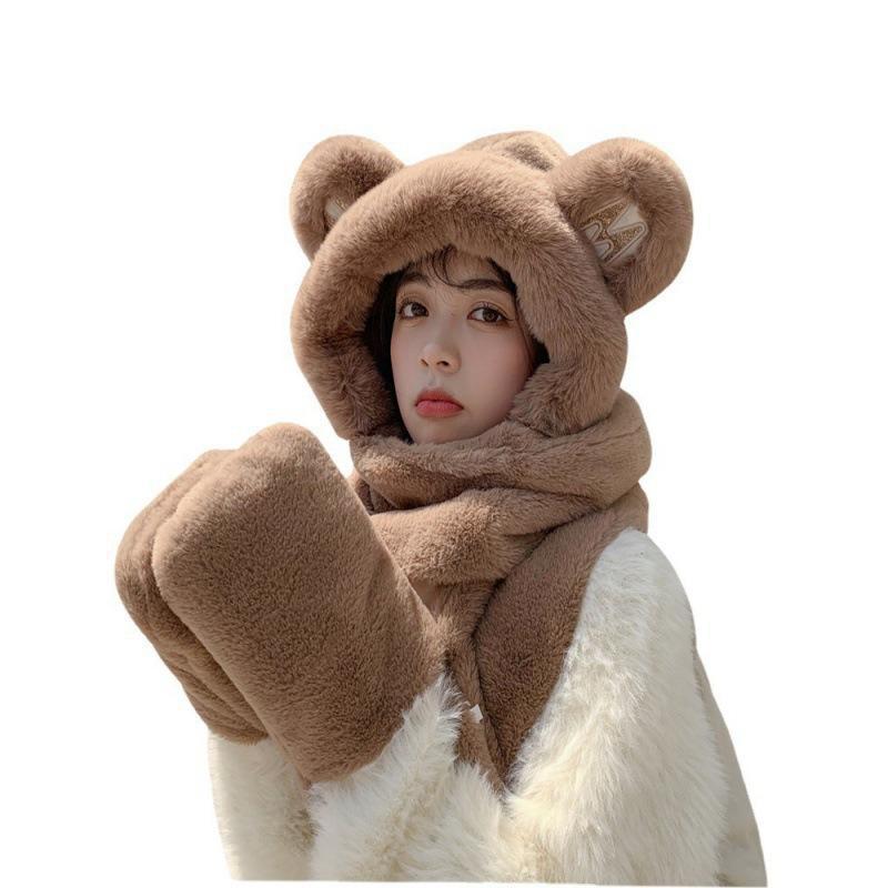 熊の帽子秋冬の韓国版のかわいい女性の毛のマフラーの一体の冬の自転車の保温の手袋の3セットの潮|undefined