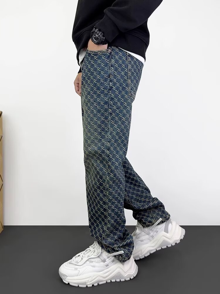 Men's Clothing High End Men's Straight Leg Jeans Streetwear American High Street Style Cool Edgy Vibe Full Print Embroidery_mkmklike.com